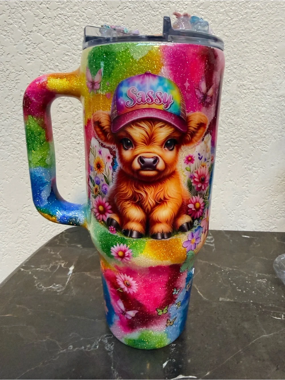 Sassy Cow Colorful Glitter Tumbler Cup 40 oz with Handle Handmade